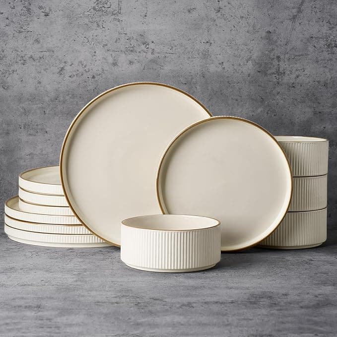 Famiware Star 12-piece stoneware dinnerware set in cream with brown trim