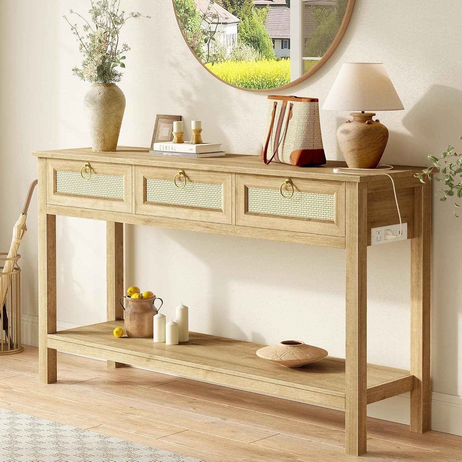Modern solid mango wood console table with open shelf and tapered legs in natural finish